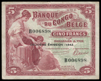 Belgian Congo, Banque du Congo Belge, Five Francs, 10 June 1942, B 006898 (Pick 13). Good very fine 	£80-100


