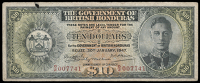 British Honduras, The Government of British Honduras, Ten Dollars, 30 January 1947, D/2 007741 (Pick 27a). Tear,...