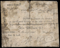 Ceylon, General Treasury, Two Rix Dollars, 1 March 1806, no. 9573, Payable in Copper on demand at the General...