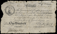 Ceylon, Government, One Hundred Rix Dollars, 1 January 1809, no. 1088 (Pick –). Worn top edge with small holes and...