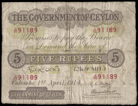 Ceylon, The Government of Ceylon, Five Rupees, 1 April 1914, A/82 91189 (Pick 11b). Pinholes and short splits across...