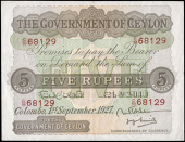 Ceylon, The Government of Ceylon, Five Rupees, 1 September 1927, C/59 68129 (Pick 22). Quarter folded, otherwise...