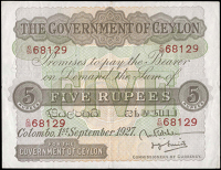 Ceylon, The Government of Ceylon, Five Rupees, 1 September 1927, C/59 68129 (Pick 22). Quarter folded, otherwise...