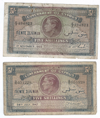 Cyprus, Government of Cyprus, Five Shillings (2), 28 July 1947, D/10 prefix, 1 November 1950, F/2 prefix (Pick 22)...