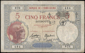 Djibouti, Banque de l’Indo-Chine, Five Francs, c. 1943, P 73484, with overprint (Pick 11). Pencilled name at lower...