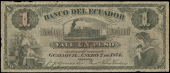 Ecuador, Banco del Ecuador, One Peso, 2 January 1874, A 61141 (Pick S142). A 5mm tear in top edge and a 3mm tear in...