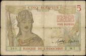 French Colonies, FRENCH INDIA, Banque de l’Indo-Chine, Five Rupees, c. 1937, M 7265, Borduge-Baudoin signatures...