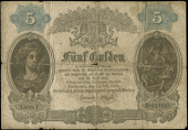 Germany, Grossherzogthum Hessen, Five Gulden, 1 July 1865, no. 049243 (Pick S268). A 5mm tear in left edge and tiny...