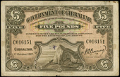 Gibraltar, Government of Gibraltar, Five Pounds, 1 October 1927, C 016151 (Pick 13). Ink number in vignette, tiny...
