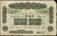India, Government of India, Ten Rupees, 20 August 1892, Calcutta, V/94 51009, signature of Stephen Jacob (Pick A7g)....