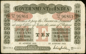 India, Government of India, Ten Rupees, 27 August 1919, OD/64 96861, signature of M.S. Gubbay (Pick A10k). About...