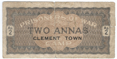 India, P.O.W. issues, Clement Town, Two Annas (Campbell 5159). Tear on right and a long vertical 40mm split down...