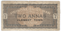 India, P.O.W. issues, Clement Town, Two Annas (Campbell 5159). Tear on right and a long vertical 40mm split down...