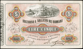 Italy, Soccorso a Sollievo dei Romani, Five Lire, 30 April 1867, serie 1, no. 8097, Caraffa-Agneni signatures. Nick...