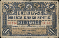 Latvia, Latwijas Walsts Kases Sihme [Latvian Government], One Rublis (2), both 1919; Five Rubli 1919; Ten Latu, 1938...