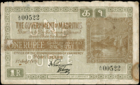 Mauritius, The Government of Mauritius, One Rupee, 1 July 1919, A/11 00522 (Pick 19). Thinned and worn top edge,...