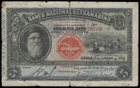 Mozambique, Banco Nacioñal Ultramarino, Five Milréis, 2 January 1908, no. 082182 (Pick 31). A 40mm tear at top of...