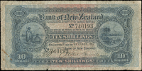 New Zealand, Bank of New Zealand, Ten Shillings, 1 October 1917, no. 740193 (Pick S222). Three 5mm tears in lower...