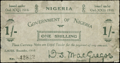 Nigeria, Government of Nigeria, One Shilling, December 1918, no. 42822, Lagos, signature of D.S. MacGregor (Pick 1)....