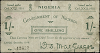 Nigeria, Government of Nigeria, One Shilling, December 1918, no. 42822, Lagos, signature of D.S. MacGregor (Pick 1)....