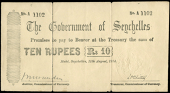 Seychelles, The Government of Seychelles, Ten Rupees, 11 August 1914, A 1102, signed by L.O. Chitty and auditor...