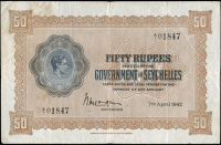 Seychelles, The Government of Seychelles, Fifty Rupees, 7 April 1942, A/1 01847 (Pick 10). A couple of numbers on...