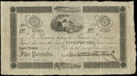 South Africa, Mosenthal Brothers, Five Pounds, 12 November 1857, no. 0189, Cape Town (Hern 253; Pick –). Very...