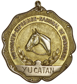 Gold Horse racing medal, obv. horses head, engraved below “Yucatan”, rev. plain, with “Mejor enjalzado, 1953,...
