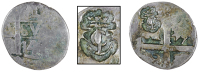 St. DOMINGUE (Cap-FRANçAIS), ——— One Escalin, a Spanish-American cob Réal, 1714, trimmed to a round shape,...