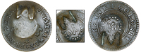 St. Maarten, ——— One Stuiver, a counterfeit Cayenne 2 Sous, rev. countermarked stm raised within a beaded...