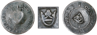 St. Bartholomew (St. Barts), One Stuiver (c. 1808), a Cayenne 2 Sous, 1789a, rev. countermarked with a crown raised...