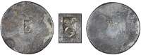 Guadeloupe, ——— Forty Sous, an unidentifiable Two Réal-sized coin, one side countermarked with a very crude...