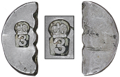 Dominica, ——— Three Bitts (valued at Three Shillings and Threepence), a cut half of a circular centre segment...