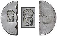 Dominica, ——— Three Bitts (valued at Three Shillings and Threepence), a cut half of a circular centre segment...