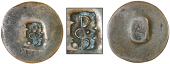 Unattributed, Black Dogg (?), a worn Cayenne 2 Sous-sized coin, one side countermarked with sp monogram raised...