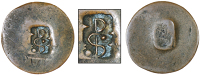 Unattributed, Black Dogg (?), a worn Cayenne 2 Sous-sized coin, one side countermarked with sp monogram raised...