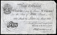 Bank of England, B.G. Catterns, Five Pounds, 24 March 1933, 270/J 15744 (Dugg. B228). A 5mm tear in bottom edge,...
