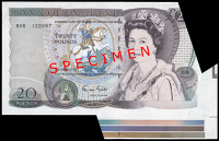 Bank of England, G.M. Gill, Twenty Pounds, 1988-91, 80R 122057, extra paper at bottom right including colour bars,...