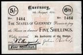Guernsey, States of Guernsey, pre-1941, Five Shillings or Six Francs, 5 August 1914, no. 1484, signature of H.E....
