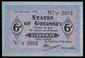 Guernsey, States of Guernsey, German Occupation, Sixpence, 1 January 1942, V 3003, French blue paper, horizontal...