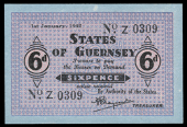 Guernsey, States of Guernsey, German Occupation, Sixpence, 1 January 1942, Z 0309, French blue paper, horizontal...