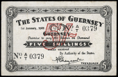 Guernsey, States of Guernsey, German Occupation, Five Shillings, 1 January 1943, A/T 0379 (McCammon 39iv; Pick 25B)....