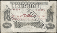 The Bank of Ireland, One Pound, 27 November 1869, contemporary forgery, stamped FORGERY three times on front (cf. BA...