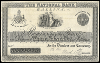 The National Bank, Three Pounds, Ballina, uniface proof on paper, ‘To this March 1st/66’ pencilled at lower...