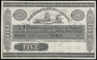 Northern Banking Co, Five Pounds, uniface proof on paper, extra branches under left side central panel, ‘To this...