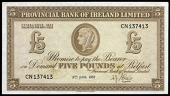 Provincial Bank of Ireland Ltd: Northern Ireland, Five Pounds, 5 June 1957, CN 137413, signature of N.J. Shaw (PR...