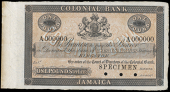 Non Government Issues, Colonial Bank, Kingston, One Pound Sterling, A 000000, stamped SPECIMEN at lower right, three...