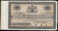 Non Government Issues, Colonial Bank, Kingston, One Pound Sterling, A 000000, stamped SPECIMEN at lower right, three...