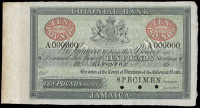 Non Government Issues, Colonial Bank, Kingston, Ten Pounds Sterling, A 000000, stamped SPECIMEN at lower right,...