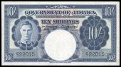 Government of Jamaica, Ten Shillings, 2 January 1939, C/3 22015, signature of A. Hodges (Pick 38a). Lightly pressed,...